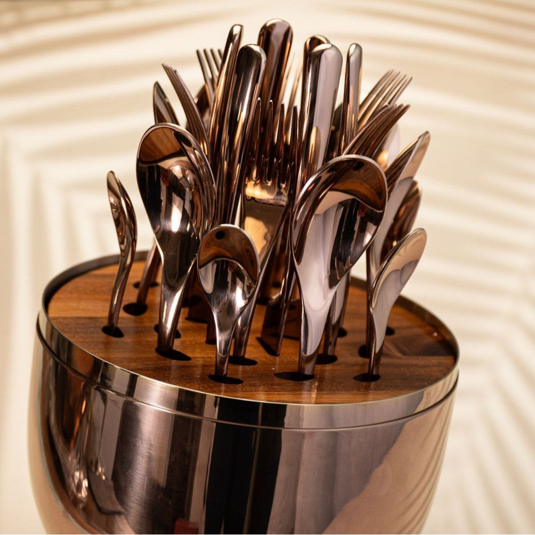 24-Piece Stainless Steel Cutlery Set with Golden Egg Storage Holder