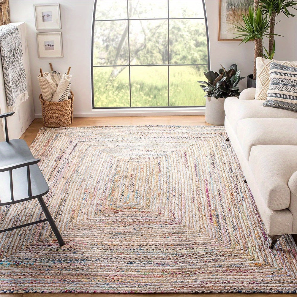 Area Rug - Beige & Multi, Handmade Boho Braided Jute & Cotton