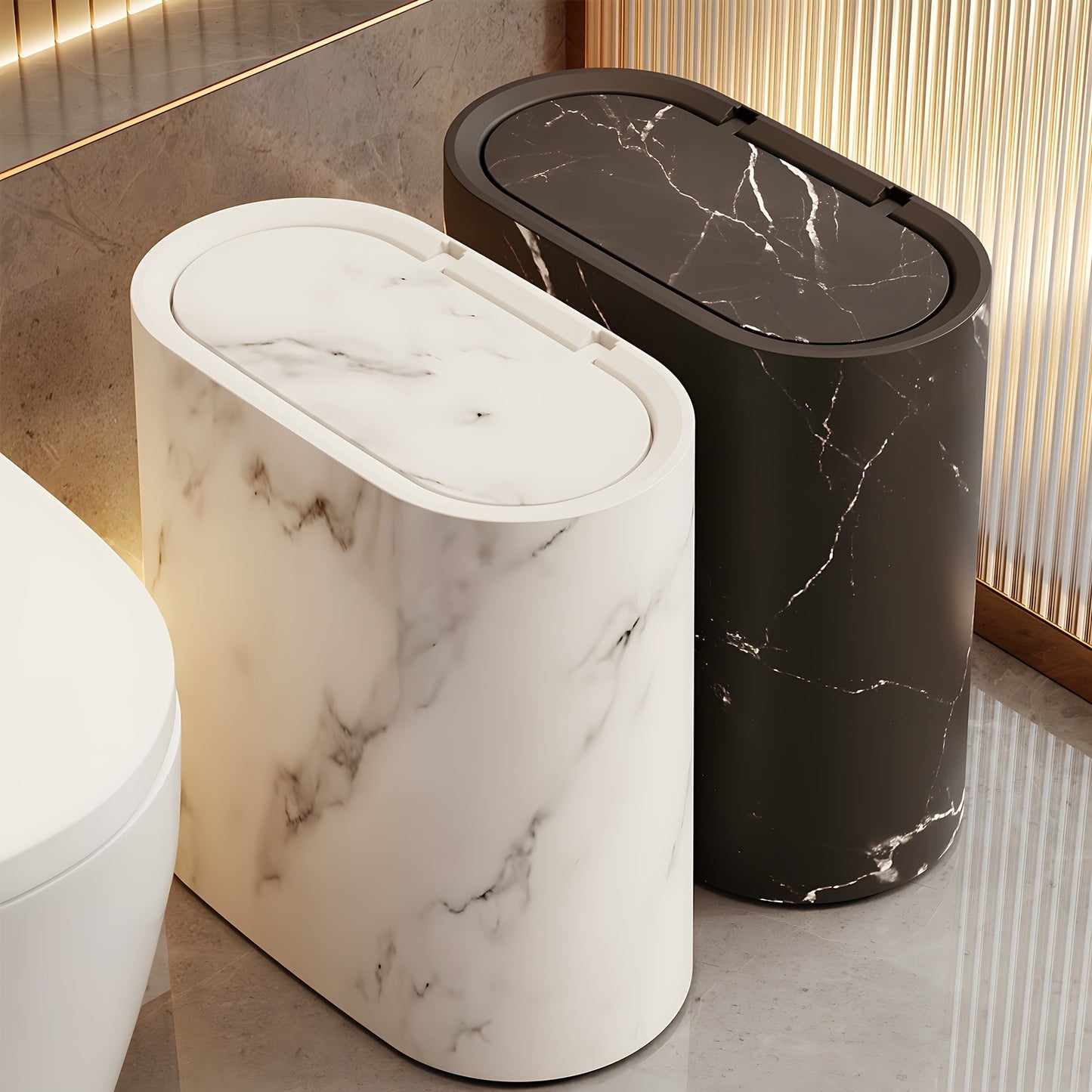 2/1pc Trash Can with Marble and Wood Grain Pattern