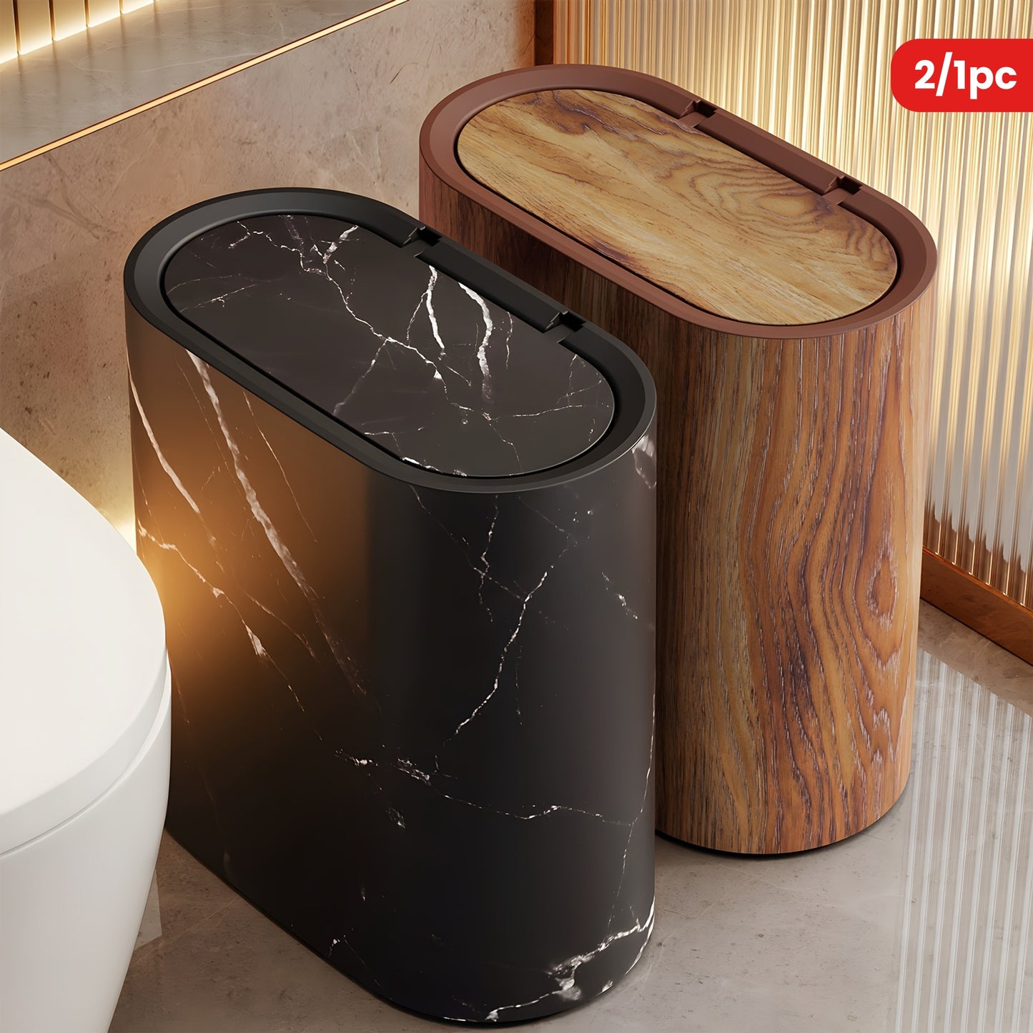 2/1pc Trash Can with Marble and Wood Grain Pattern