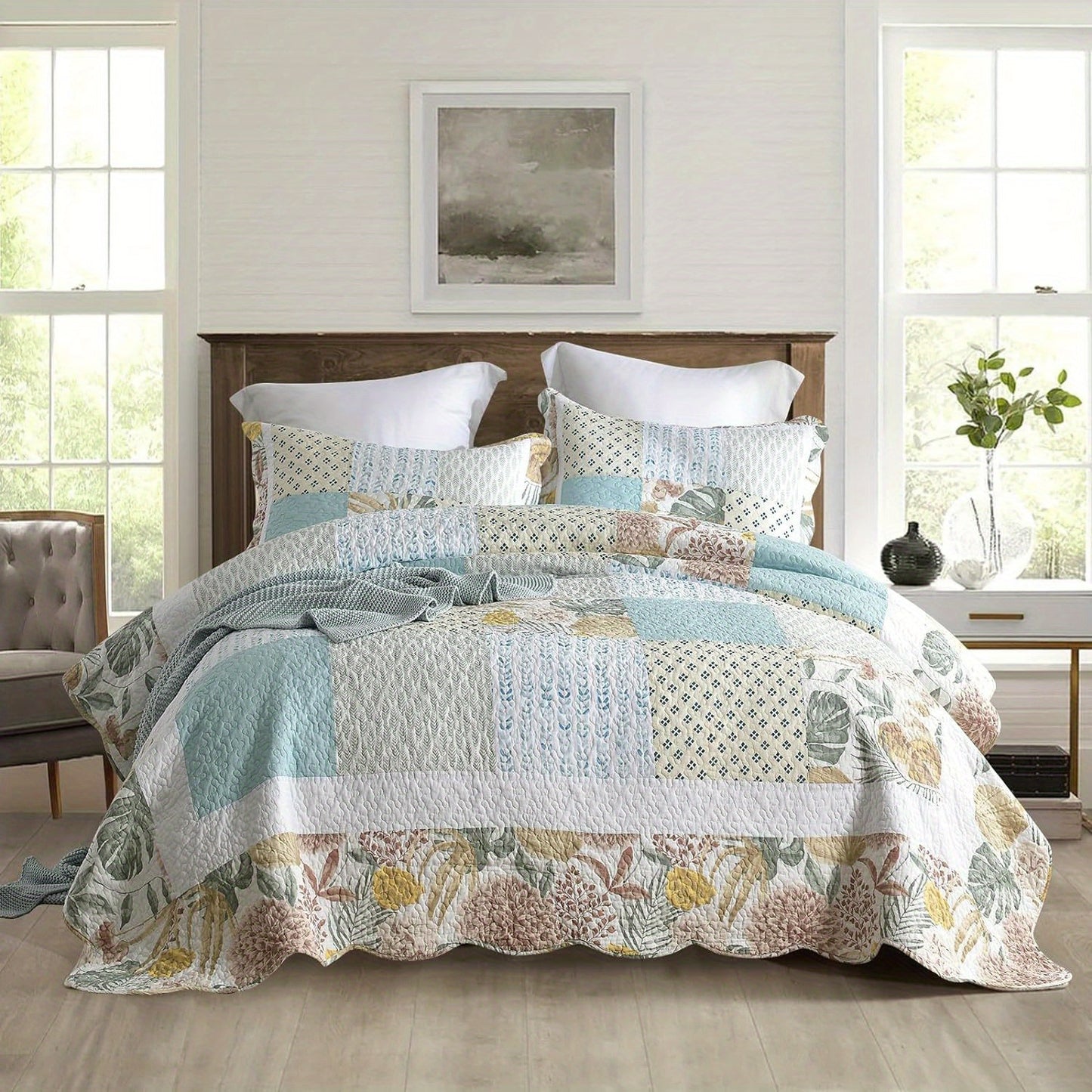 3 Pcs Luxury 100% Cotton Hand-Quilted Off-White Holiday Duvet Cover