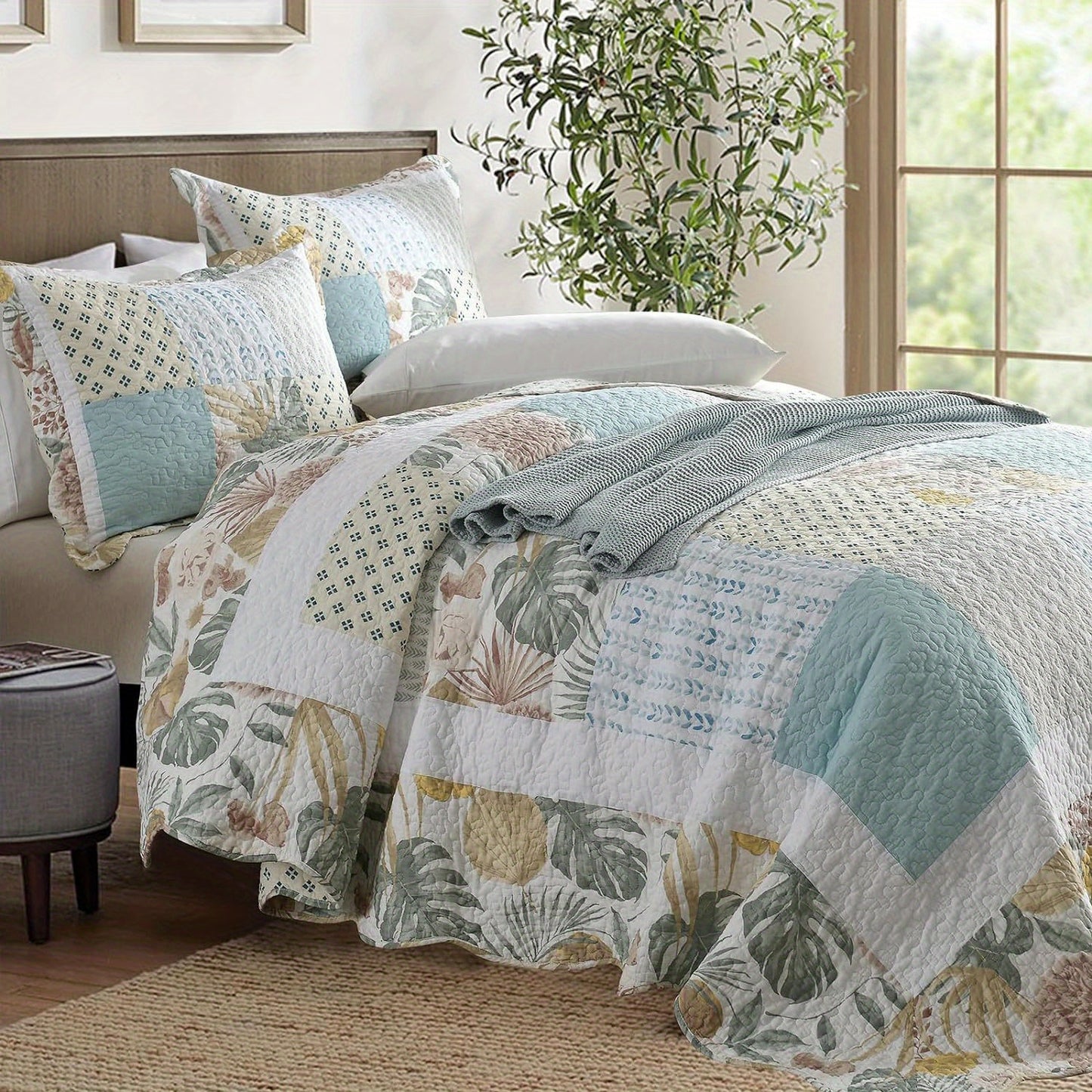 3 Pcs Luxury 100% Cotton Hand-Quilted Off-White Holiday Duvet Cover