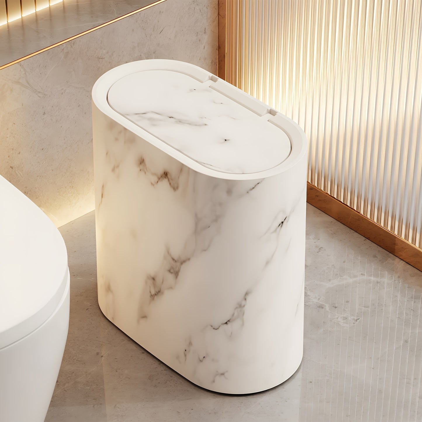 2/1pc Trash Can with Marble and Wood Grain Pattern