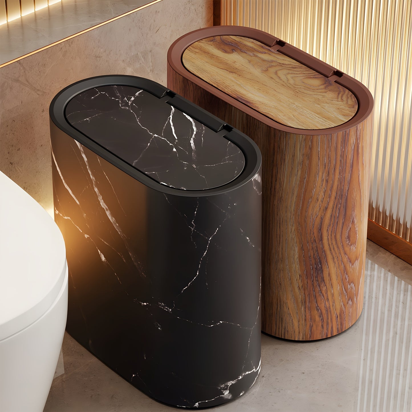 2/1pc Trash Can with Marble and Wood Grain Pattern