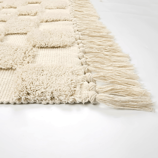 Chic Boho Checkered Tufted Rug - 4x6 Beige Area Carpet with Tassels