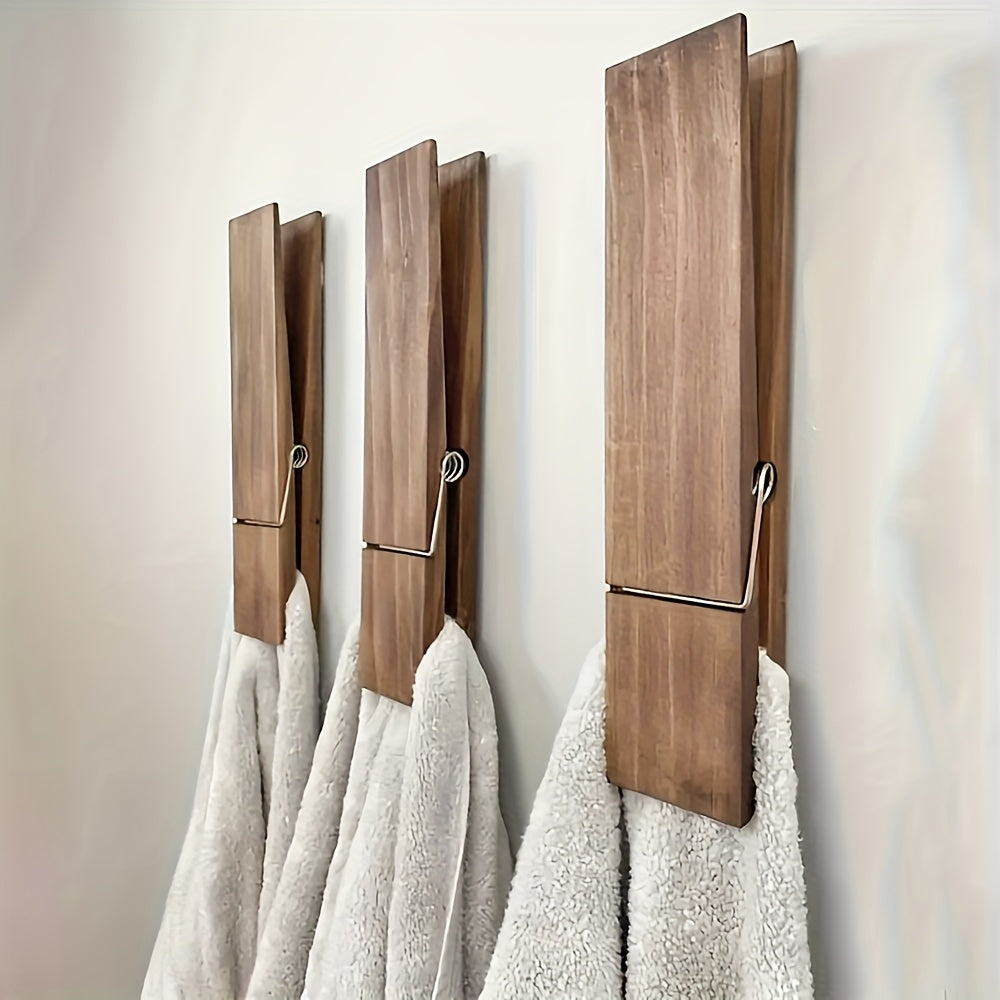 Set Of 3, Rustic Wooden Hooked Towel Rack - Wall Mounted