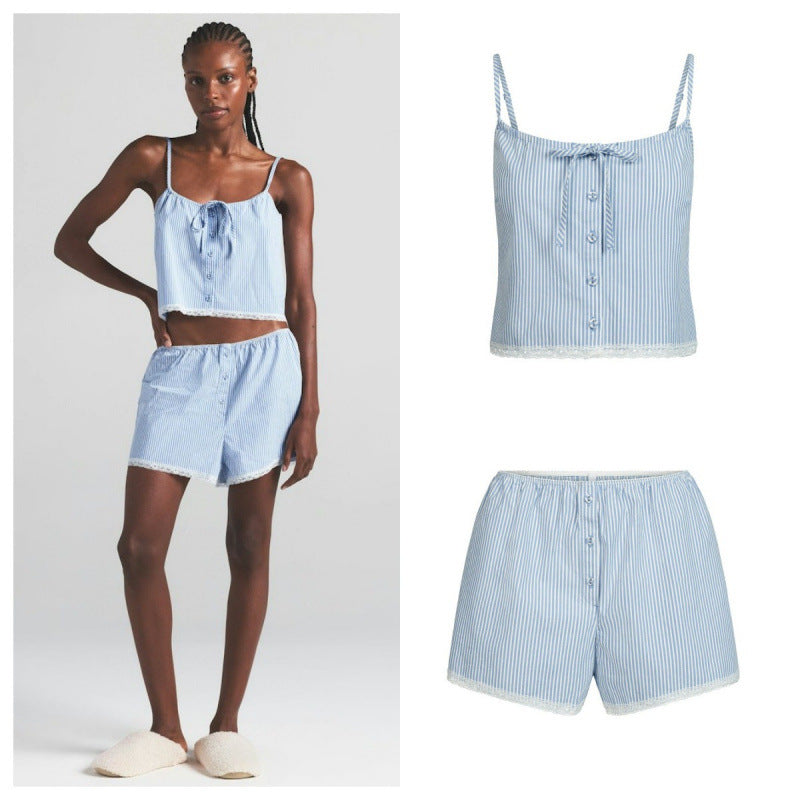 Striped Lace-Trim Button-Front Cami Set