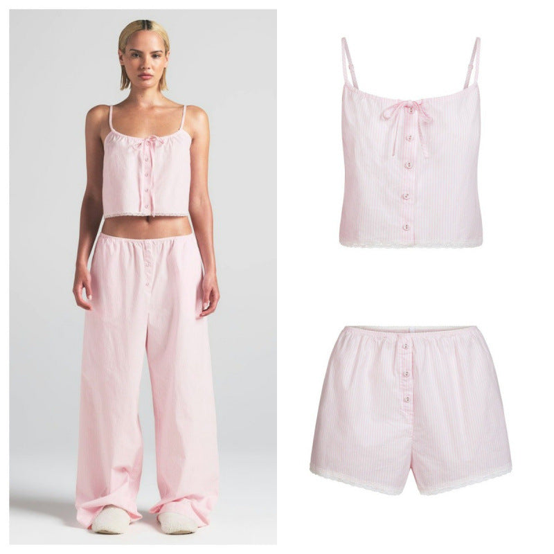 Striped Lace-Trim Button-Front Cami Set