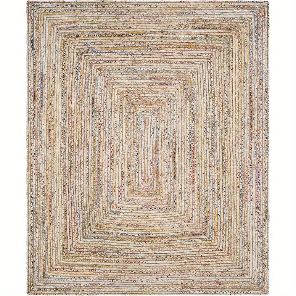 Area Rug - Beige & Multi, Handmade Boho Braided Jute & Cotton