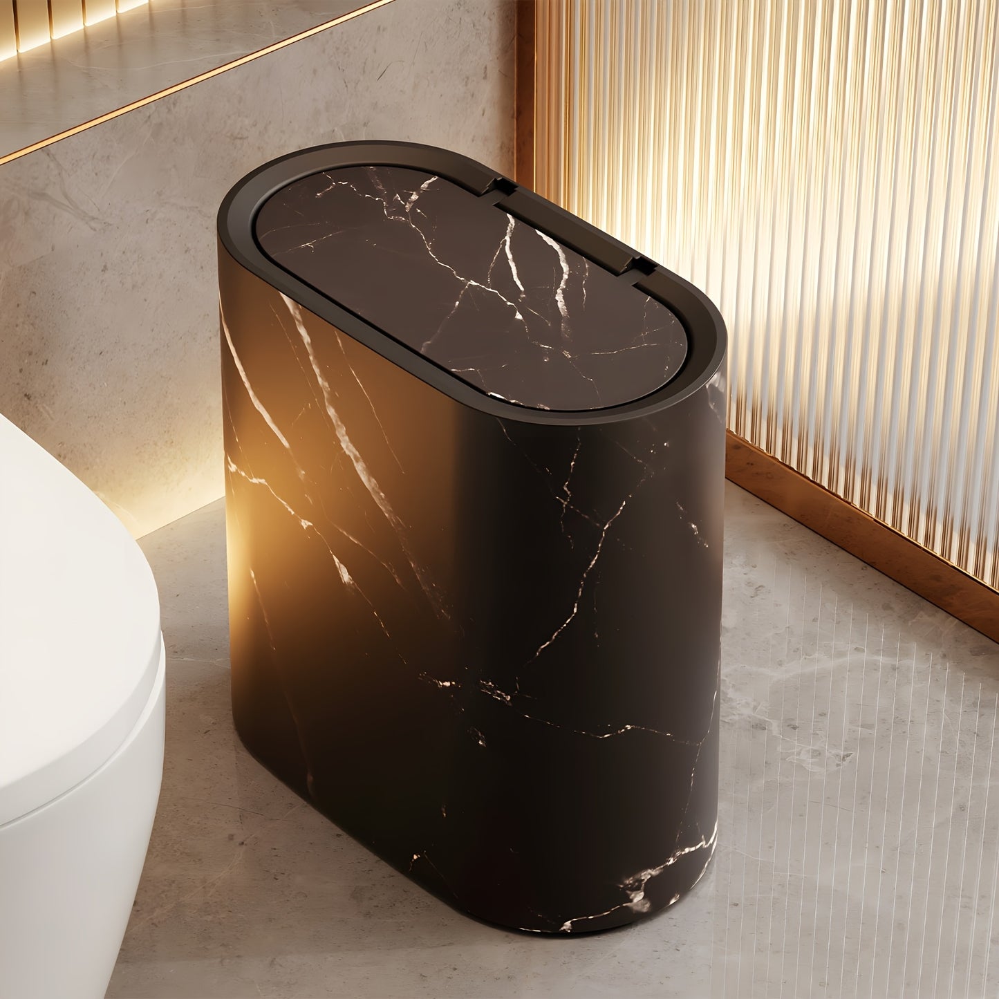 2/1pc Trash Can with Marble and Wood Grain Pattern