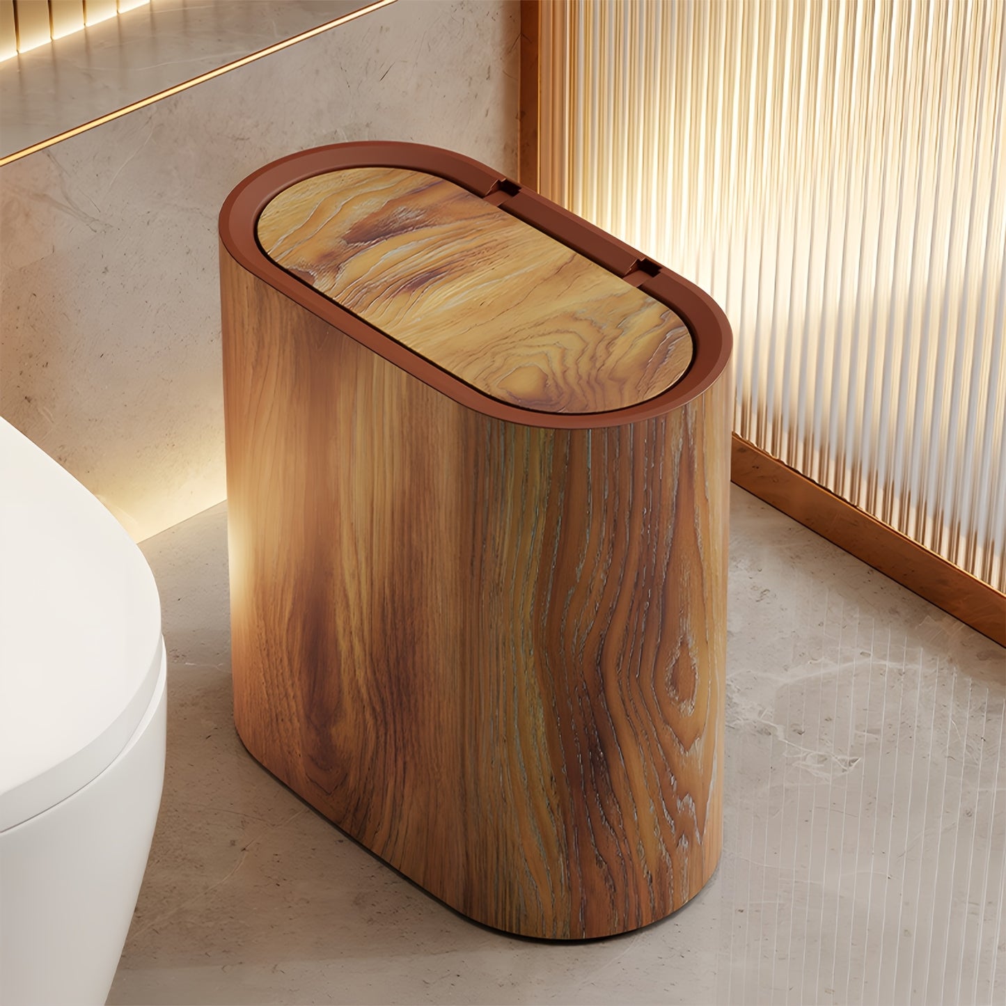 2/1pc Trash Can with Marble and Wood Grain Pattern