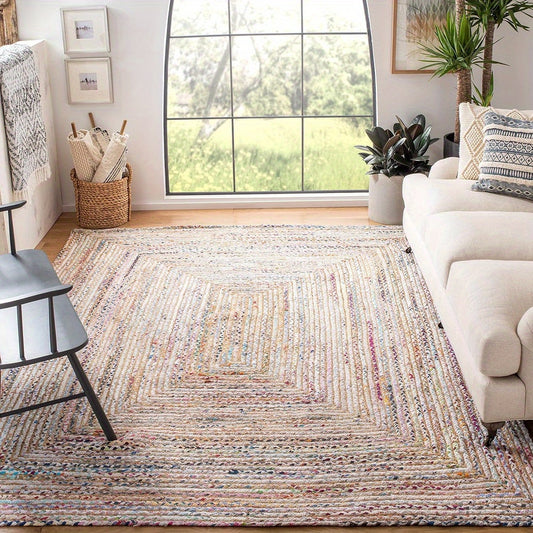 Area Rug - Beige & Multi, Handmade Boho Braided Jute & Cotton